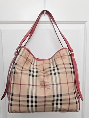 Red and Tan Burberry  Haymarket Check Coated Canvas Canterbury Tote.